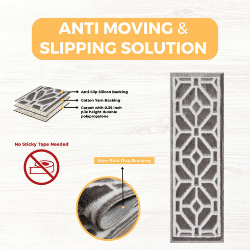 Ophelia  Gray/White  Authentic Turkish Premium Quality Stair Rugs - Medium Pile - Machine Washable Indoor Carpet Stair Treads-Multi Pack Sets With TPE Backing